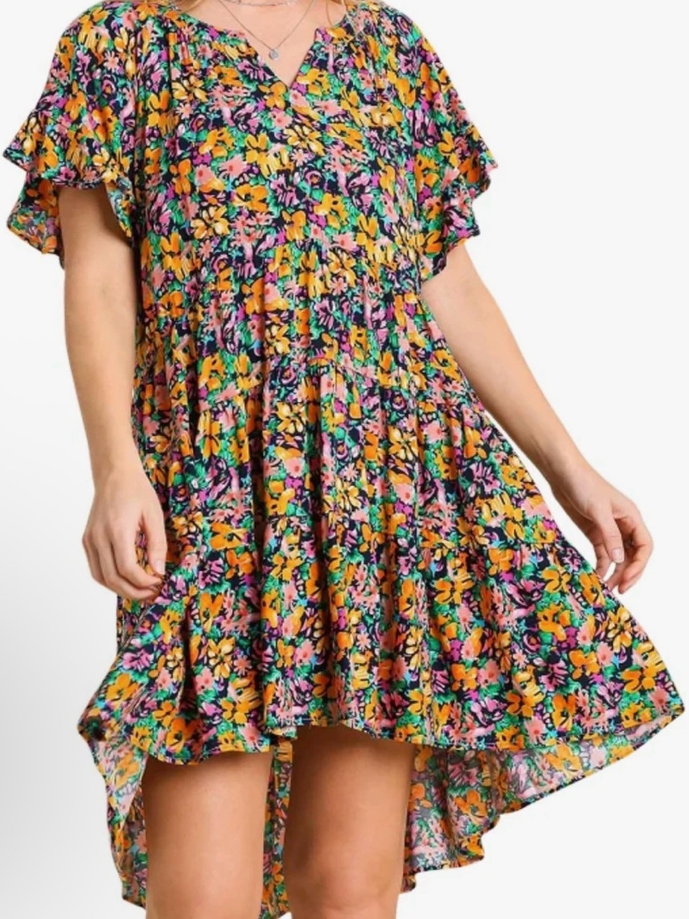 Umgee Floral Print High-Low Babydoll Dress With Ruffle Sleeves Sz M. NWT